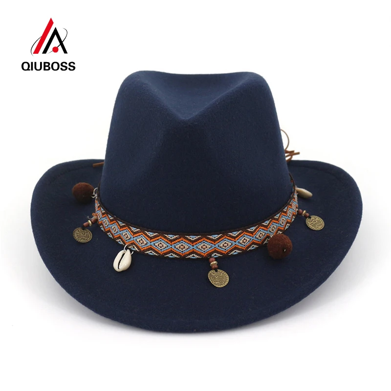 

QIUBOSS Richard Petty Stetson Felt Western Cowboy with Ethnic Ribbon Australian Smooth Finish Wool Felt Fedora Hat for Men Women
