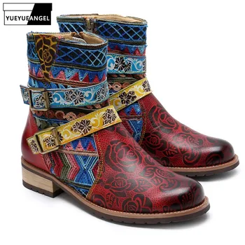 

Bohemian Style Women Floral Printed Ankle Boots Folk Casual Biker Riding Boots Buckle Low Heels Cow Real Leather Shoes Footwear