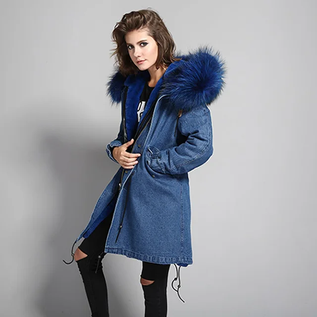 Cheap Winter Women's Raccoon fur collar Hooded Denim parkas Detachable Faux Fur lining long Jacket Warm coat outwear