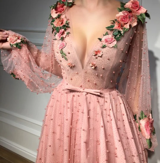 Pink Muslim Evening Dresses 2019 A-line Long Sleeves Tulle Pearls Flowers Islamic Dubai Saudi Arabic Long Elegant Evening Gown Pink Muslim Evening Dresses 2019 A-line Long Sleeves Tulle Pearls Flowers Islamic Dubai Saudi Arabic Long Elegant Evening Gown