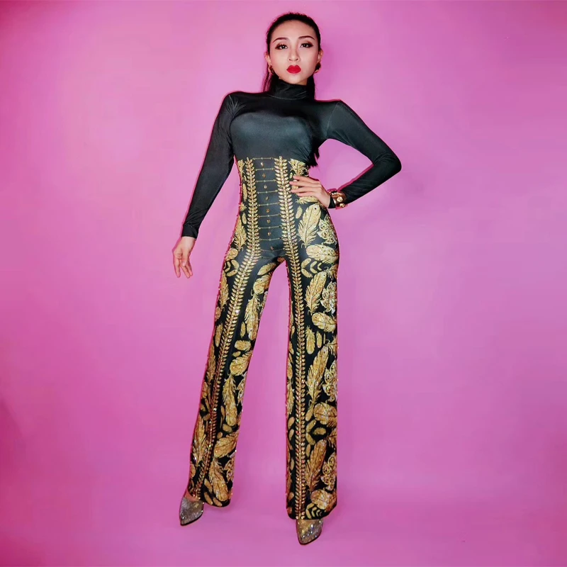 

New Fashion Gold Leaves Printing Pattern Jumpsuit One Piece Big Legs Stretch Costume Women's Party Rompers Stage Singer Bodysuit