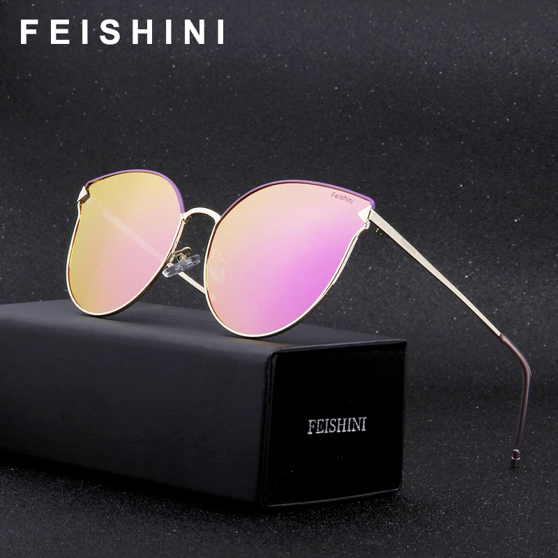 

FEISHINI Copper Frame UV400 Polarized Sunglasses Women Cat eye Designer 2019 Fashion High Quality UVb Sun Glasses Ladies Mirror