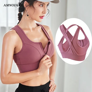 Sport Bra Top Crop Plus Size Running Fitness Yoga Gym Active Wear High Impact Support Athletic Tops Padded Zip Front Sports Bra medium impact hanging neck front design drawstring sports bra in grey