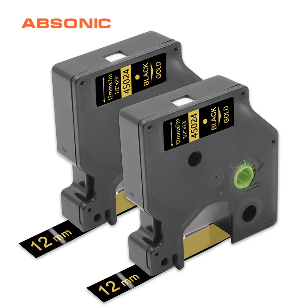 Absonic 2pcs D1 Dymo 45024 Labels Tapes Gold on Black 12mm Compatible With Dymo D1 45024 Label
