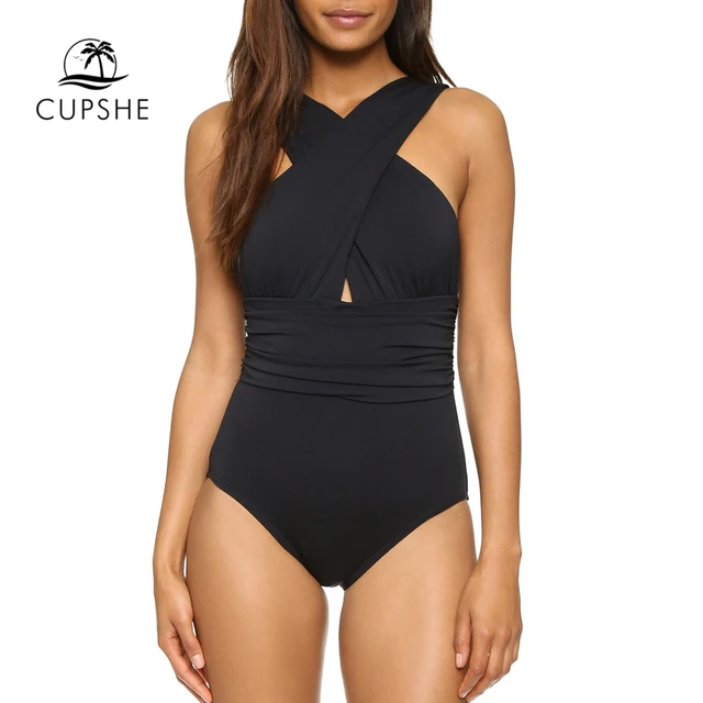 US $6.89 CUPSHE Black Deep Feelings Cross One-piece Swimsuit Women Plain Cutout Halter Swimwear 2020 Beach S