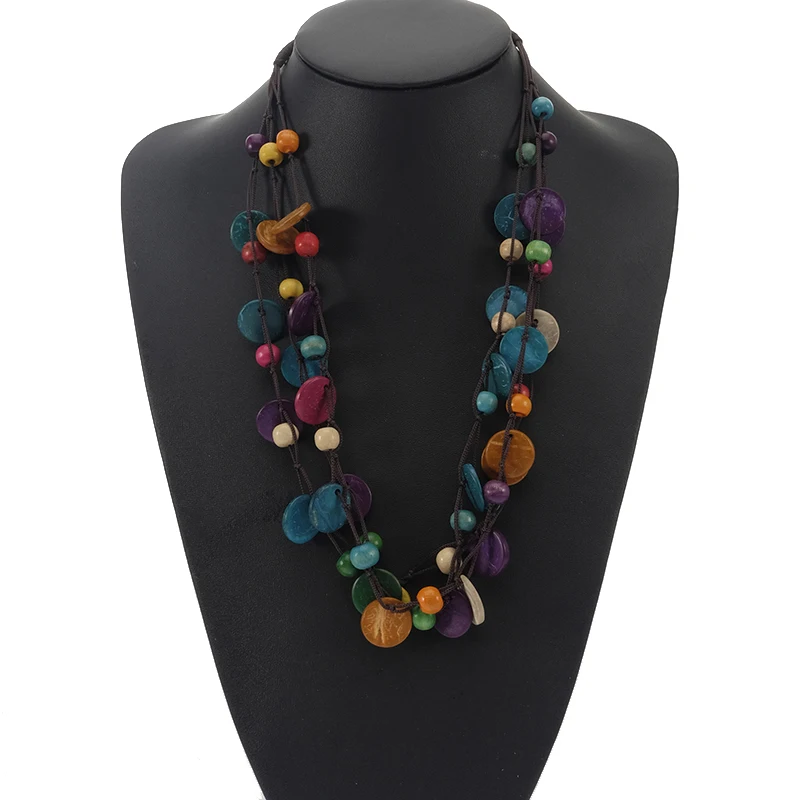 

Ethnic Wooden Round Beads Necklace Wholesale Multicolor Coconut Shell Strand Choker Layered Handmade Knitted Bohemian Jewelry