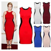 2013 Top Quality Women\'s inspired Optical Illusion Effect Contrast Bodycon Slimming Fitted Black Celeb Knee-Length Dress XS-XXL