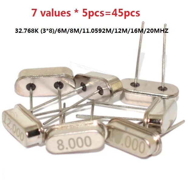 

32.768K (3*8)/6M/8M/11.0592M/12M/16M/20MHZ (7 values * 5pcs=45pcs) oscillator KIT passive dip Assorted kit set HC-49S crystal