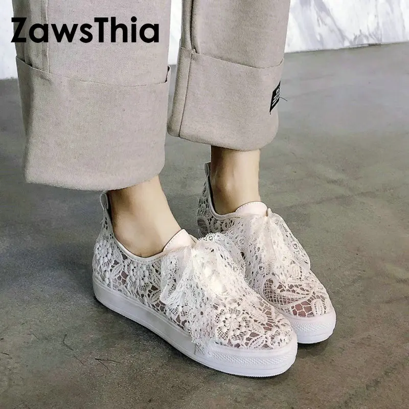 

ZawsThia 2019 summer autumn hallow lace up women flats shoes white black casual woman sneakers loafer shoes small size 33 43 44