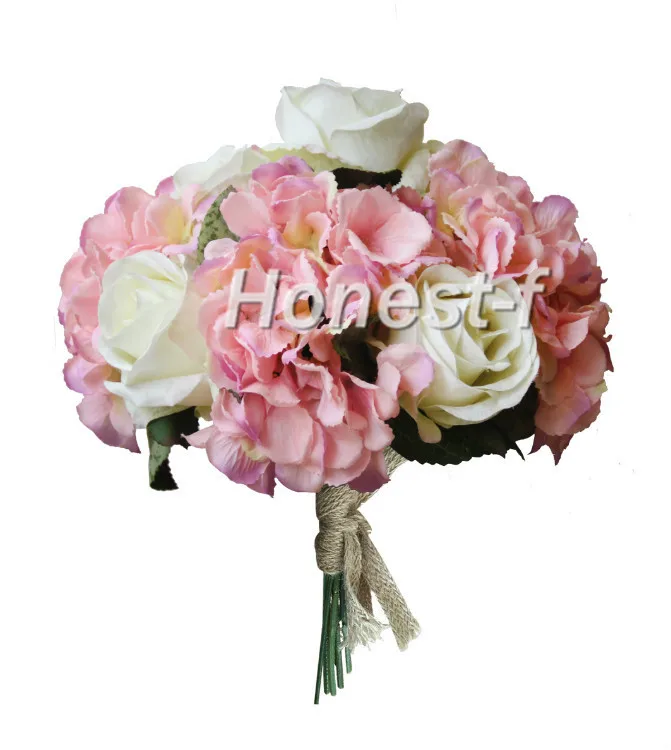 Mano Cravatta di Seta Artificiale Fiori Bounquet con 4 Teste Ortensia e 5 Teste di Rosa, Sposa (Rosa E bianco)