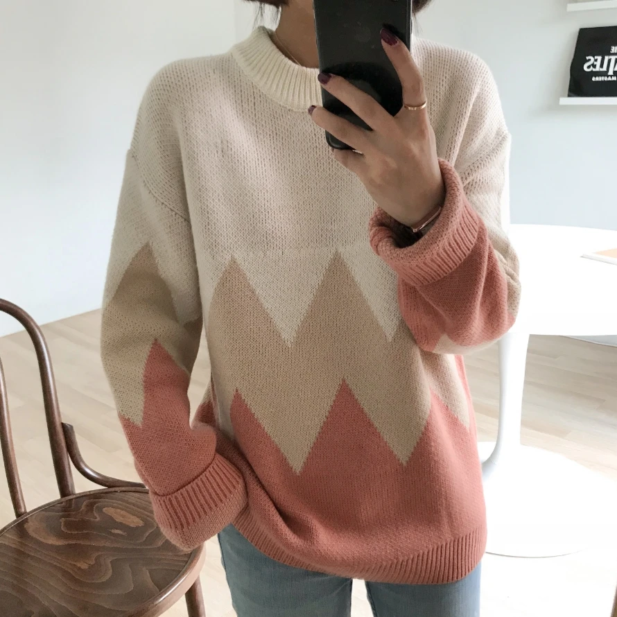 

autumn 2019 winter korean harajuku fashion personality retro geometric color matching knitted sweater women