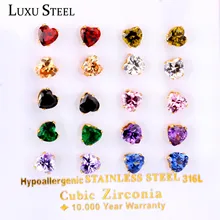 Люксу сталь 10 пар/карта из нержавеющей стали золотого цвета блестящий цвет сердце Кристалл Циркон Камень маленькие серьги-гвоздики набор
