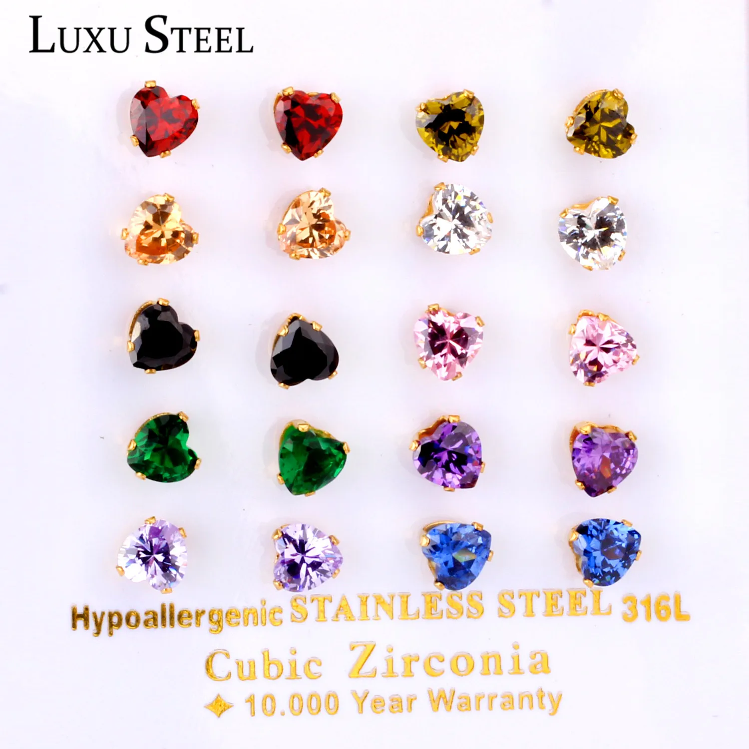

LUXUSTEEL 10pairs/Card Stainless Steel Gold Color Shiny Colorful Heart Crystal Zircon Stone Small Stud Earrings Set Wholesale