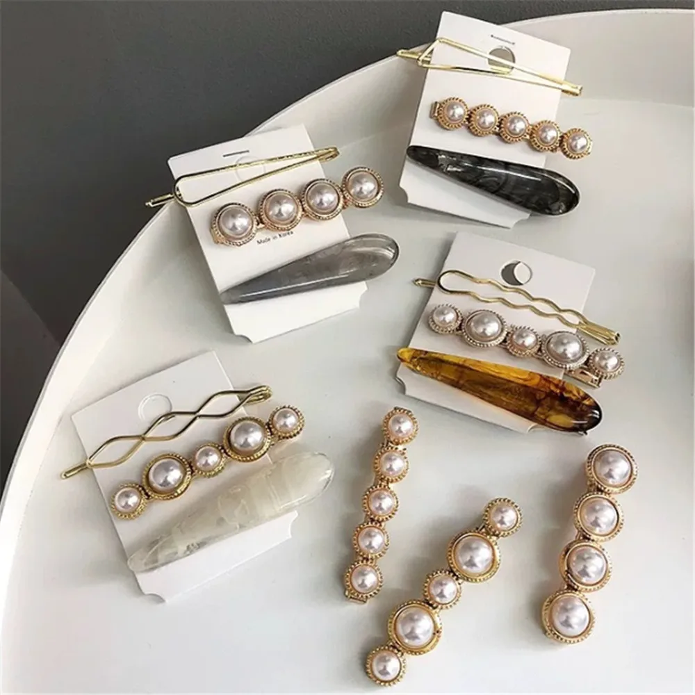 

1 SET Korea Chic Imitiation Pearl Hairpin Irregular Metal Gold Silve Bowknot Acrylic Hair Clips for Women Girls Hair Accessories