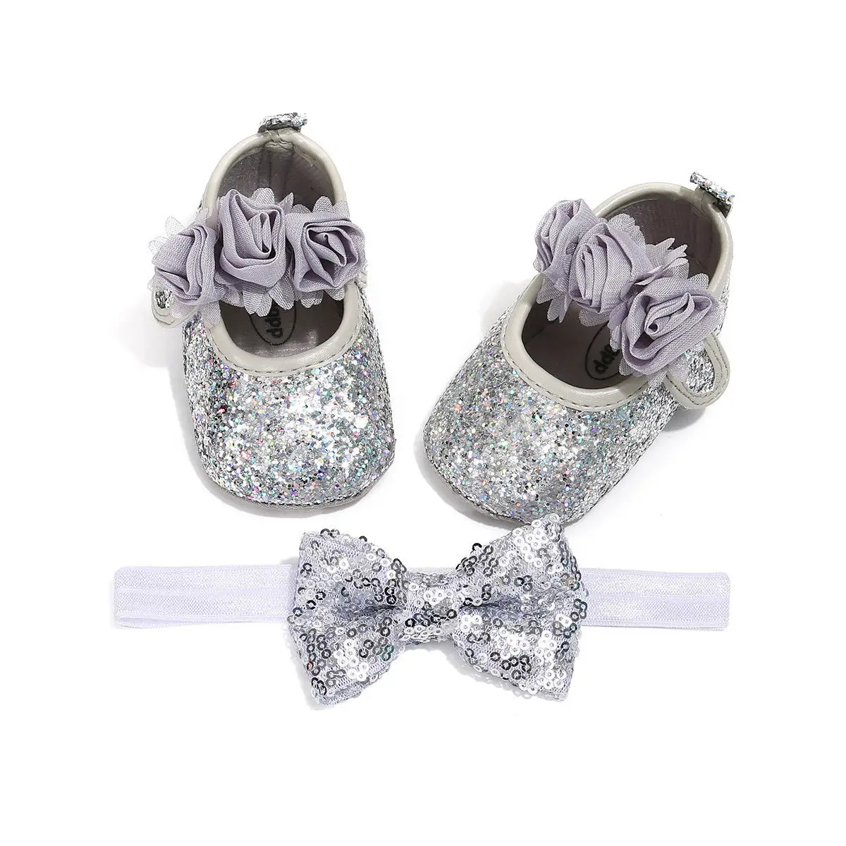 Летняя детская обувь для новорожденных девочек и мальчиков, 3 стиля, расшитая блестками, на плоской подошве, толстый каблук, обувь принцессы+ повязка на голову, 2 предмета - Цвет: Серебристый
