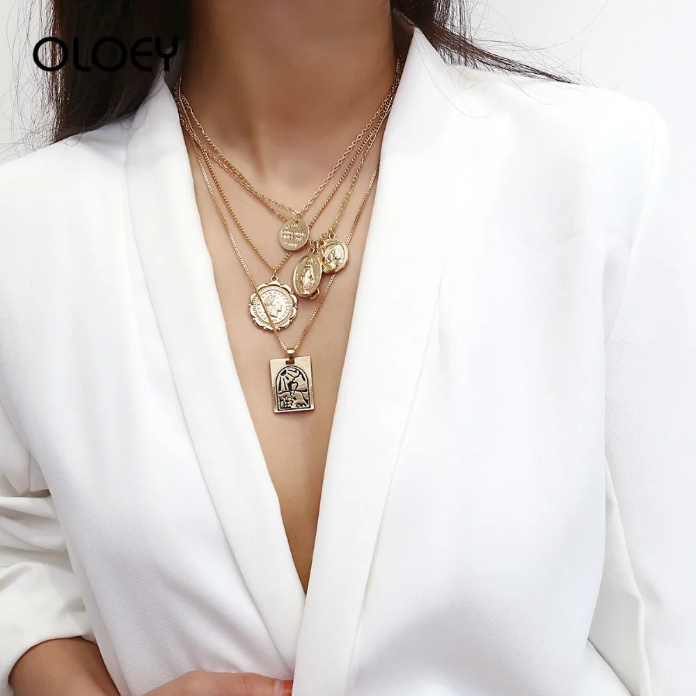 

OLOEY Vintage Punk Necklace Women Multilayer Embossed Pendant Necklaces Fashion Female Party Jewelry Sweater Chains Retro Choker