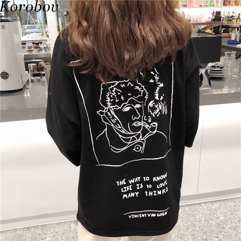 

Korobov 2019 Summer New Arrival Vintage T shirts O-Neck Women Harajuku T shirt Korean Character Print T-Shirt Tee 76929