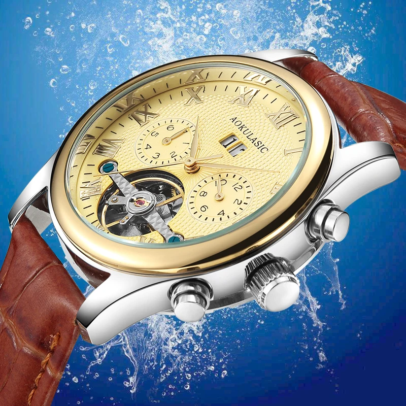 Aokulasic Marca De Luxo Masculino Neg cios Tourbillon Ouro Mec nico 