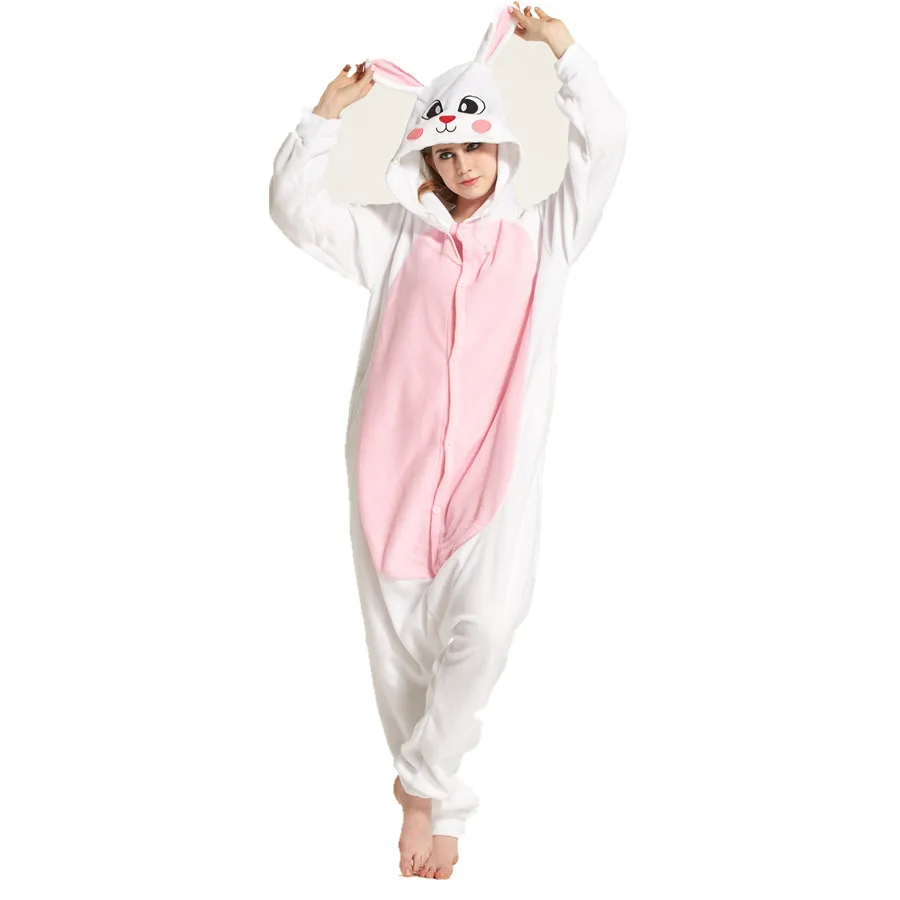 Adults Polar Fleece White Rabbit Animal Kigurumi Women Men Onesies Pyjamas Cosplay Costume Halloween Carnival Party