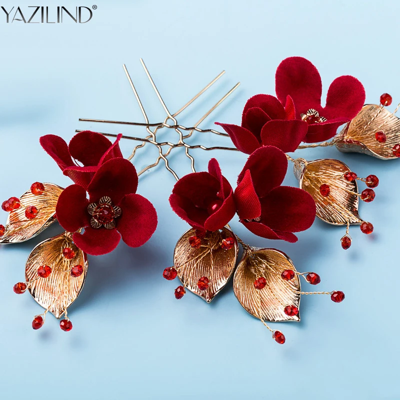 

YAZILIND Red Rhinestone Crystal Hair Accessories Wedding Party Hair Pins and Clips for Women Bride Headwear