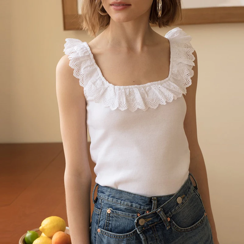 Party Sexy White Camisole Tank Top Women Summer Ruffle Slim Sleeveless