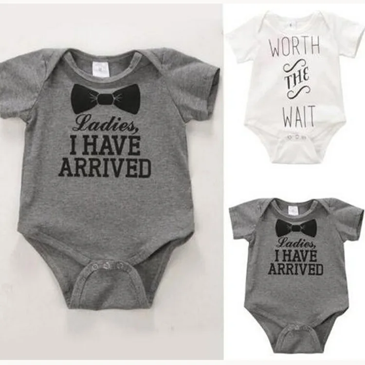 2022 Baby Infant Newborn Boys Girls Bowtie Quote Bodysuit Letter One