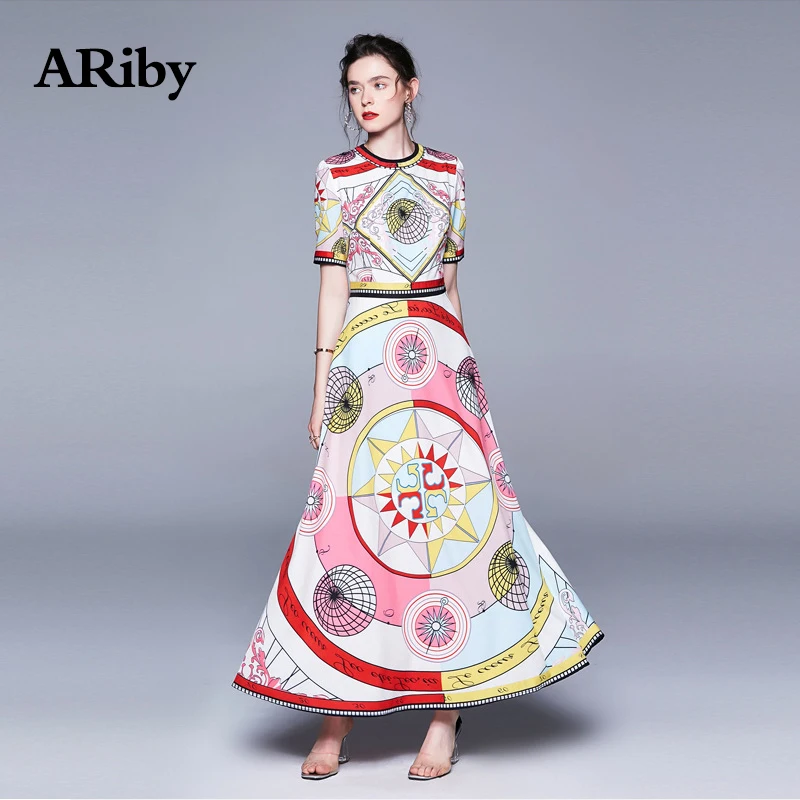 

ARiby Women Dress Long Maxi Summer Dress 2019 New Fashion Retro Temperament Printed High Waist Slim Short Sleeve A-Line Dress
