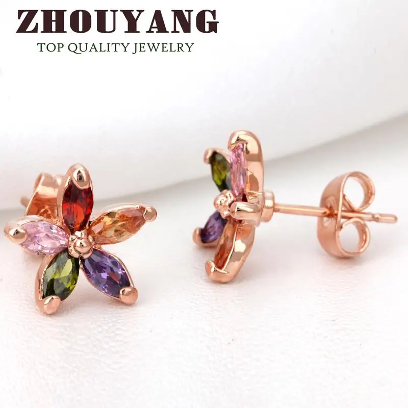 ZHOUYANG ZYE007 разноцветные зимние серьги гвоздики цвета розового золота с