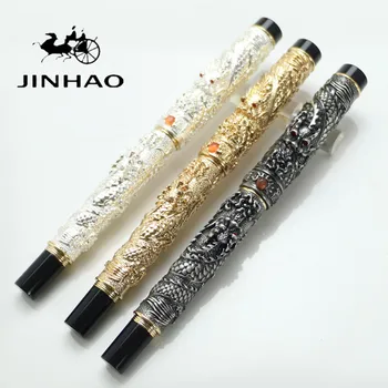 

JINHAO Gary Silver gold 3 colour Two Dragon Play Pearl Dragon Carved Rollerball pen luxury school Office Stationery writing pen