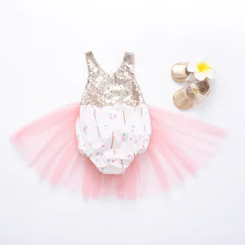 

Cute Baby Toddler Sequin Floral Tulle Halter Backless Rompers Patchwork Ins New Girls Kids Western Newborn Pink Romper