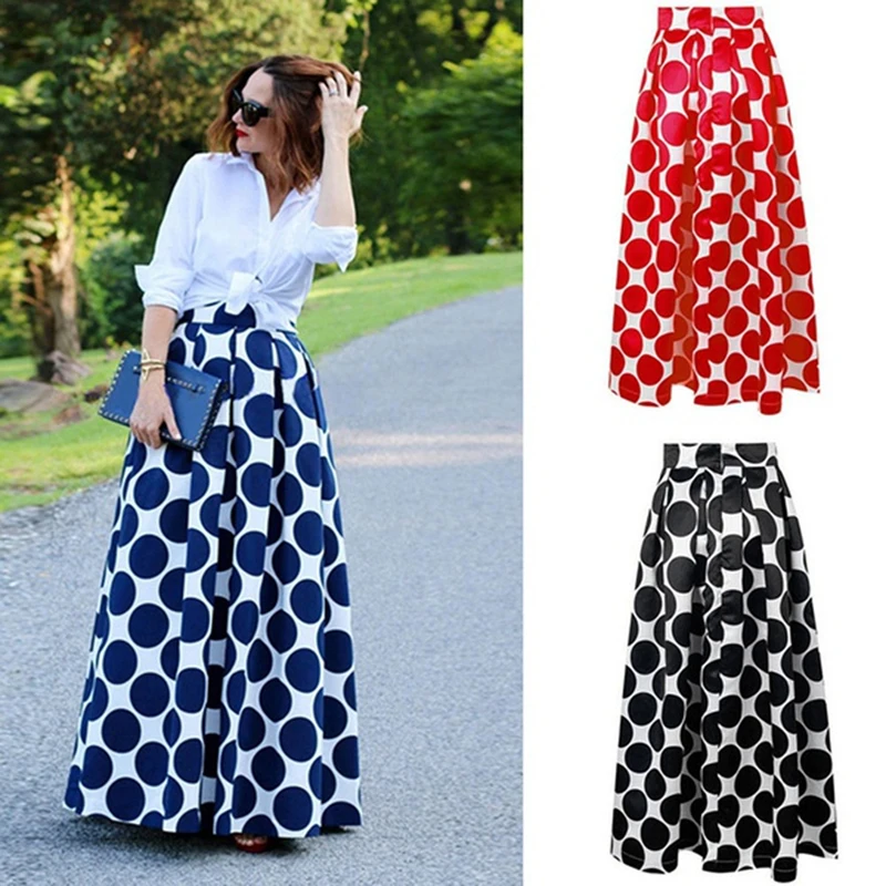 

Vintage Zipper High Waist Polka Dots Printed Maxi Skirt Fall Casual Elegant Women Long Skirt 2019 New Fashion Pleated Skirt