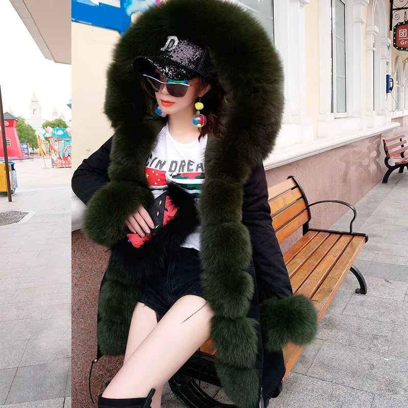 Женские толстые теплые пуховики с капюшоном и манжетами из натурального Лисьего
