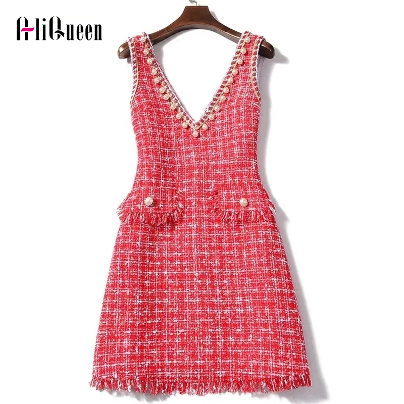 

Beaded Pearl Tweed Wool Dress Women 2019 Autumn High Quality Sleeveless V Neck Tassel Red/Black Plaid Mini Wool Tweed Vest Dress