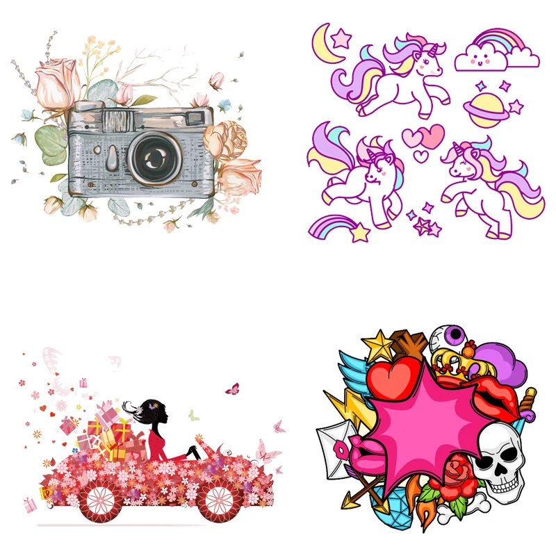 

Unicorn Heart Camera Iron-On Heat Transfers Cartoon Ironing Stickers Stripe on Clothes Iron on Patches for T-shirt Print Tops E