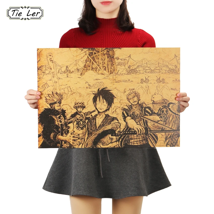 

TIE LER Classic Anime One Piece Luffy Hand Drawing Poster Retro Kraft Paper Bar Cafe Home Decor Painting Wall Sticker 51x36cm