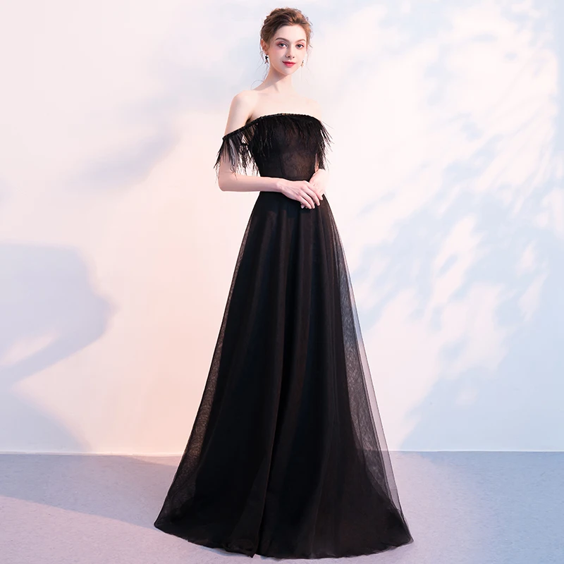 Plume Élégant Nouveau Picture Épaule Banquet Partie Sexy 2019 Féminine Mot The Robe Longue Color Noir YIqHOdY