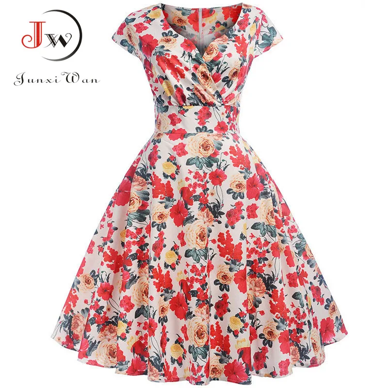 V-Neck Big Swing Vintage Christmas Dress Women Summer 50s Elegant Party Dresses Casual Short Sleeve Floral Plus Size Dress V-Neck Big Swing Vintage Christmas Dress Women Summer 50s Elegant Party Dresses Casual Short Sleeve Floral Plus Size Dress