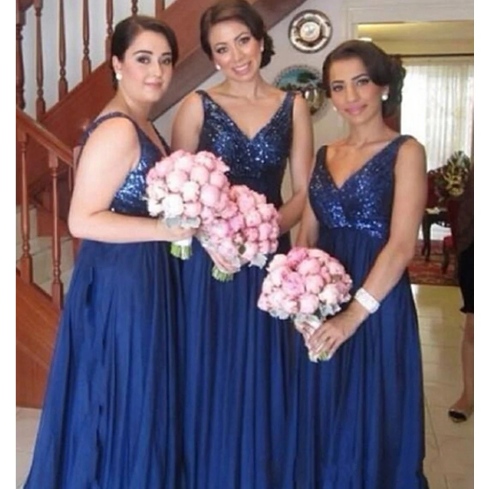 

Royal Blue Long Bridesmaid Dresses 2019 High Quality Sequined Chiffon A Line Floor Length Cheap Wedding Party Gowns Custom Made