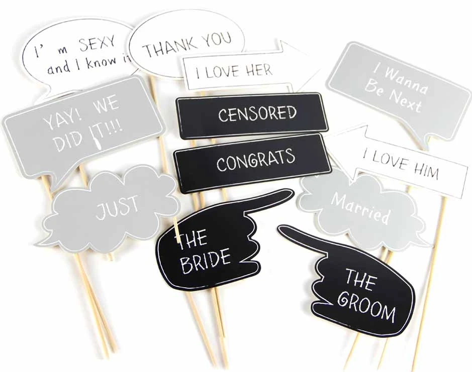 

Pack of 12 Wedding Photo Booth Props Kit Chalkboard Speech Bubbles Signs Photo Props on a Stick Engagement Party Wedding Signs