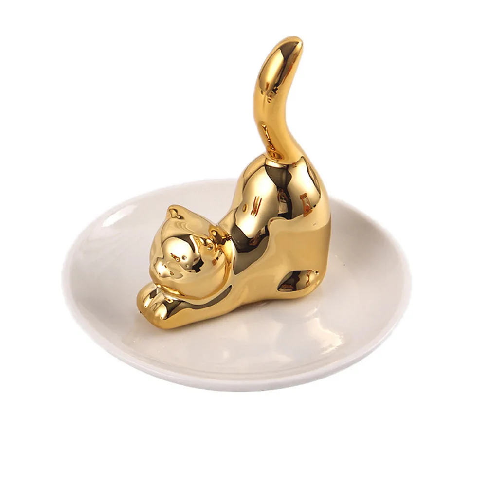 

Nordic Kitten Shaped Jewelry Display Stand Dish Accessories Holder Trinket Golden Cat Dish Ring Storage Tray INS Home Decoration