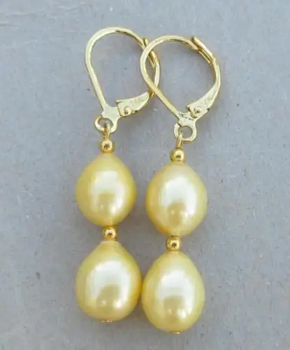 

CHARMING NATURAL AAA+ 8-10MM GOLDEN SOUTH SEA PEARL DANGLE EARRING 14k/20/20 GOLD