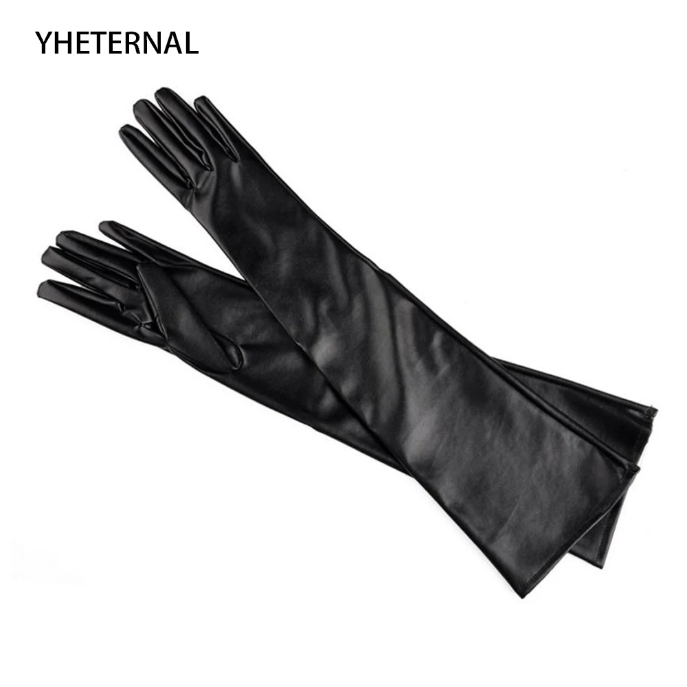 Women Leather Glove long Length 45cm Genuine Leather Silk Adult Black