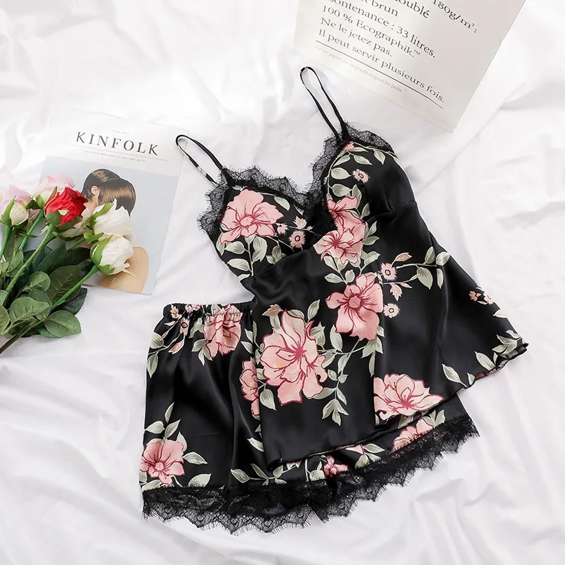 

2019 Ladies Summer Sexy Sleepwear Women Fashion Flower Pajamas Women Sleep Lounge Floral Print Pajama Set