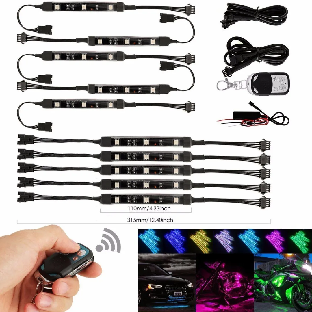 JX-LCLYL 10pcs Motorcycle RGB LED Under Glow Neon Strip Light Kit Remote Control