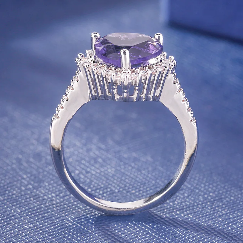 Романтическое кольцо для влюбленных с большим фиолетовым сердцем 925 Anillos серебряная инкрустация CZ камень обручальное кольцо винтажные вечерние кольца для женщин на свадьбу