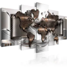 5 Pieces Abstract World Map Canvas Art Print Golden Metallic Maps Painting Poster Wall Picture for Home Decor Framed PJMT-39