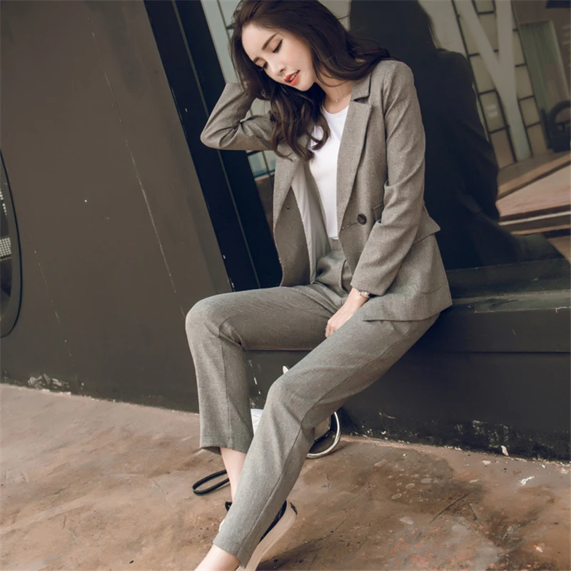 2018 Women 2 Two Piece Sets Short Gray Solid Blazer + High Waist Pant Office Lady Notched Jacket Pant Suits Korean Outfits Femme