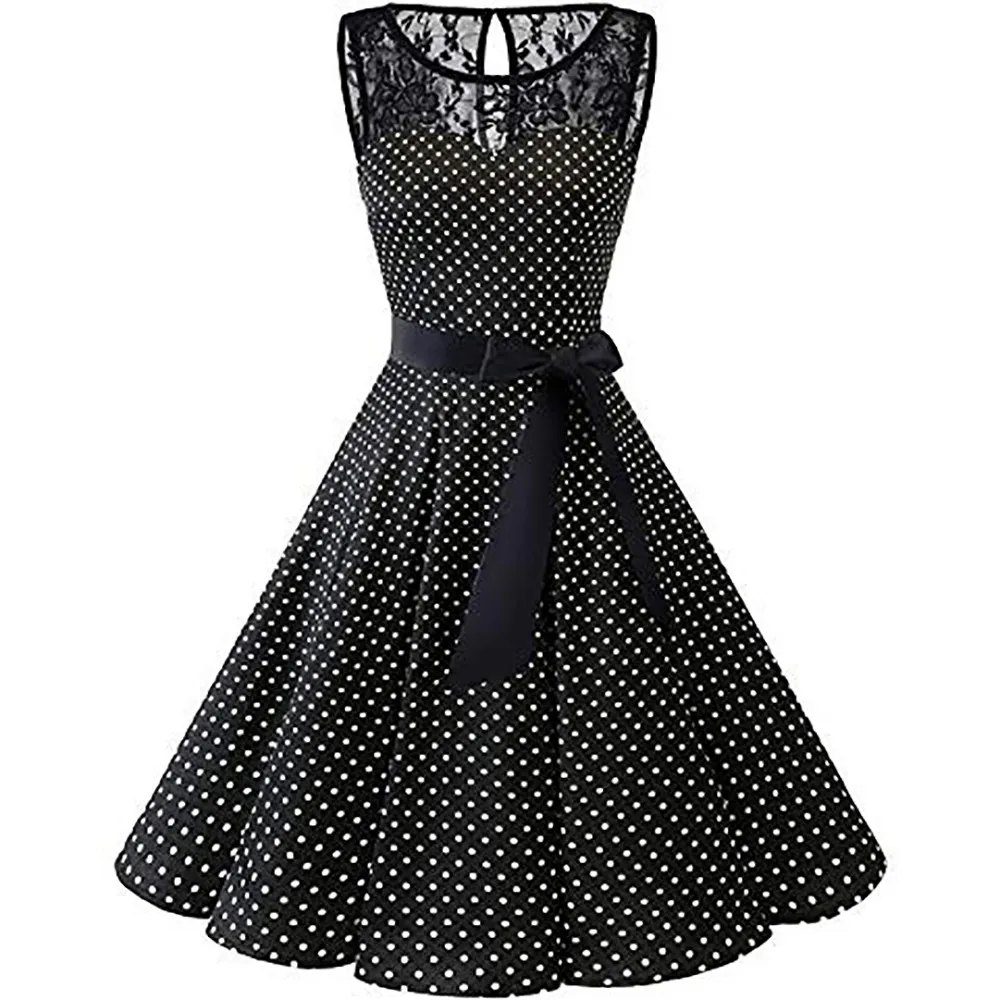 

JAYCOSIN Clothing Cotton Women Sleeveless Polka Dot Lace Hepburn Vintage Swing High-Waist Pleated Dress vestidos de festa 19J13
