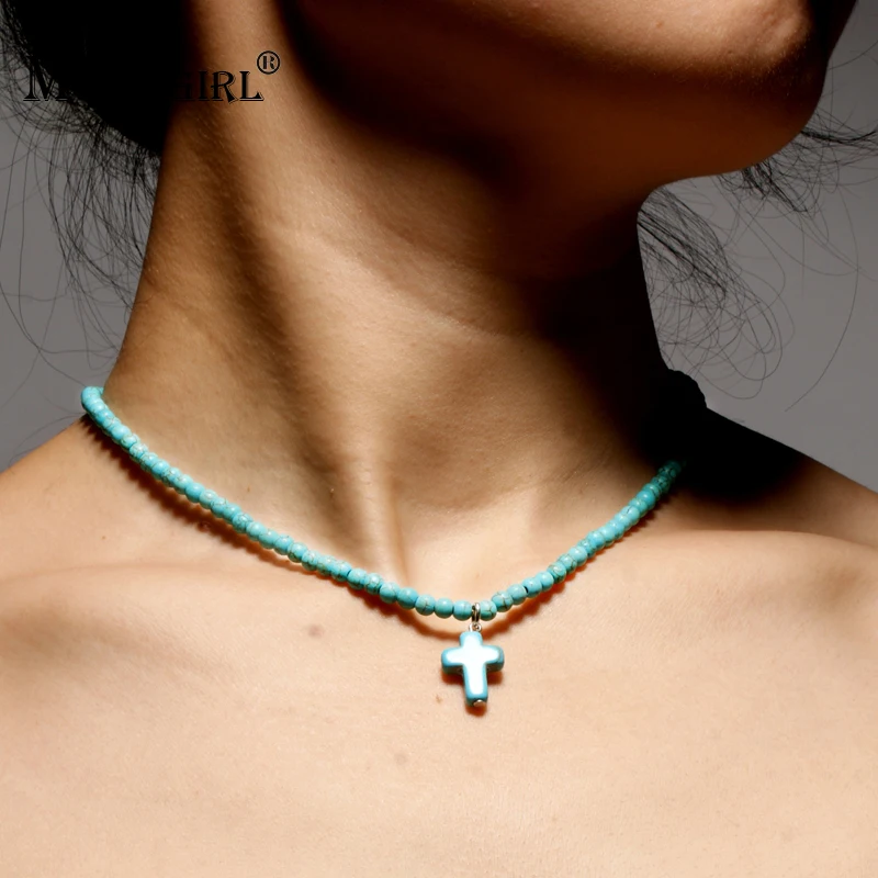 

MOON Girl 4MM Natural Stone Cross Choker Necklace for Women Vintage Retro Necklaces Pendants Bohemian Collares Femme Dropship