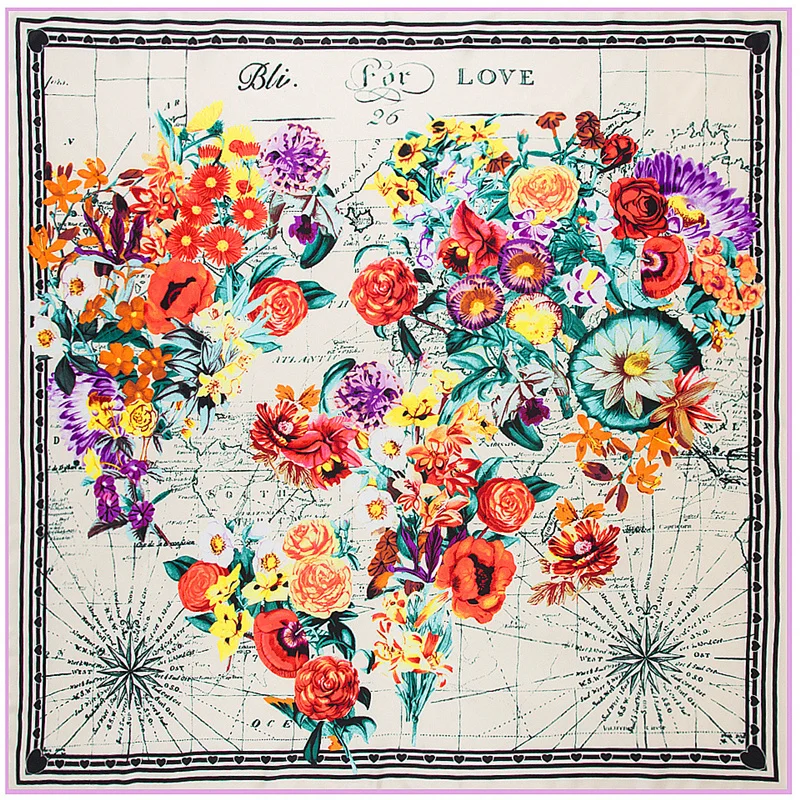 

2018 new fashion 100% silk scarf women's Love Flower World Map print hight quality scarf scarves large shawl headscarf 130*130cm